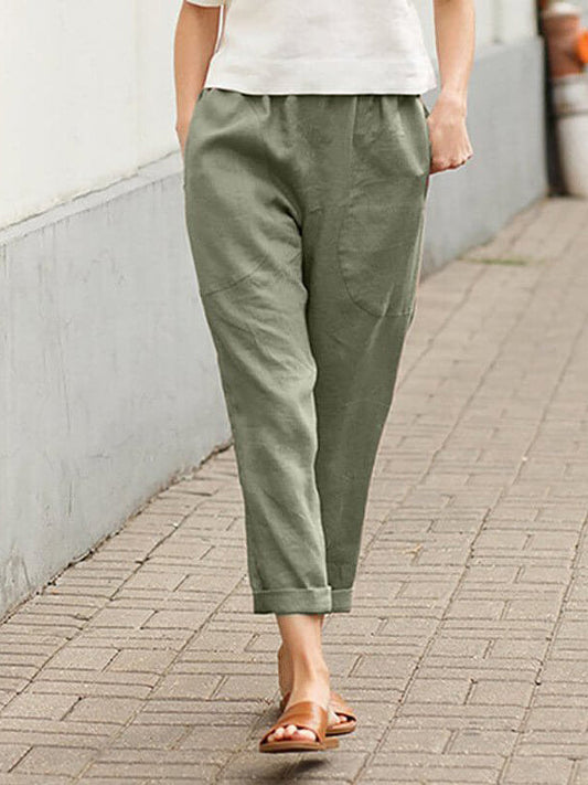Leinen-Baumwoll-Hose für Damen, große Größen, locker geschnitten