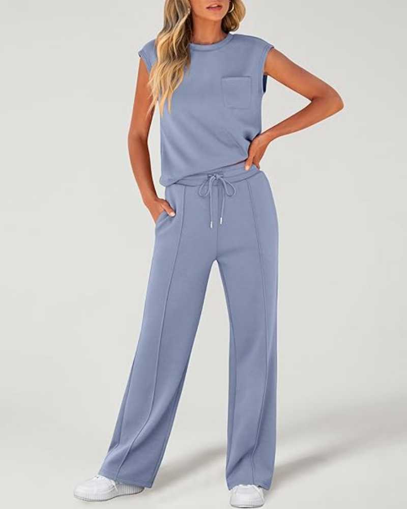 Women's Solid Tank Top & Drawstring Waist Wide Leg Pants Two-piece Set