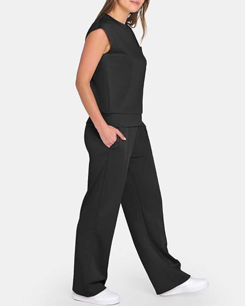 Women's Solid Tank Top & Drawstring Waist Wide Leg Pants Two-piece Set