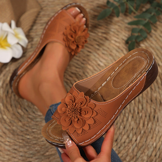 Women's Floral Wedge Sandals -Open-Toe Slip-Ons for Casual Summer Outings