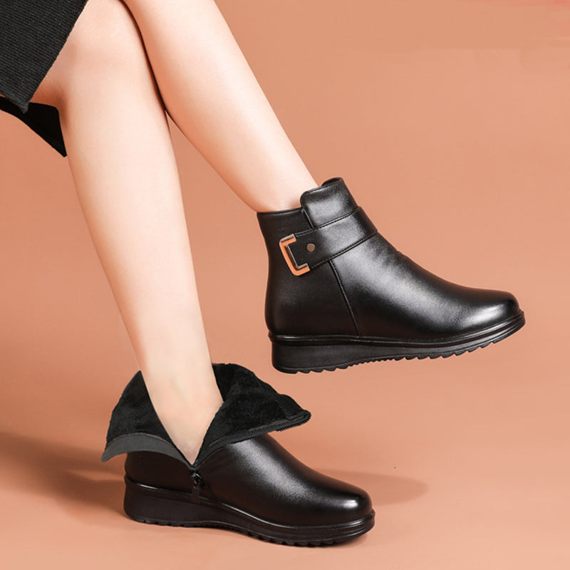Women's Metal Buckle Leather Waterproof Boots