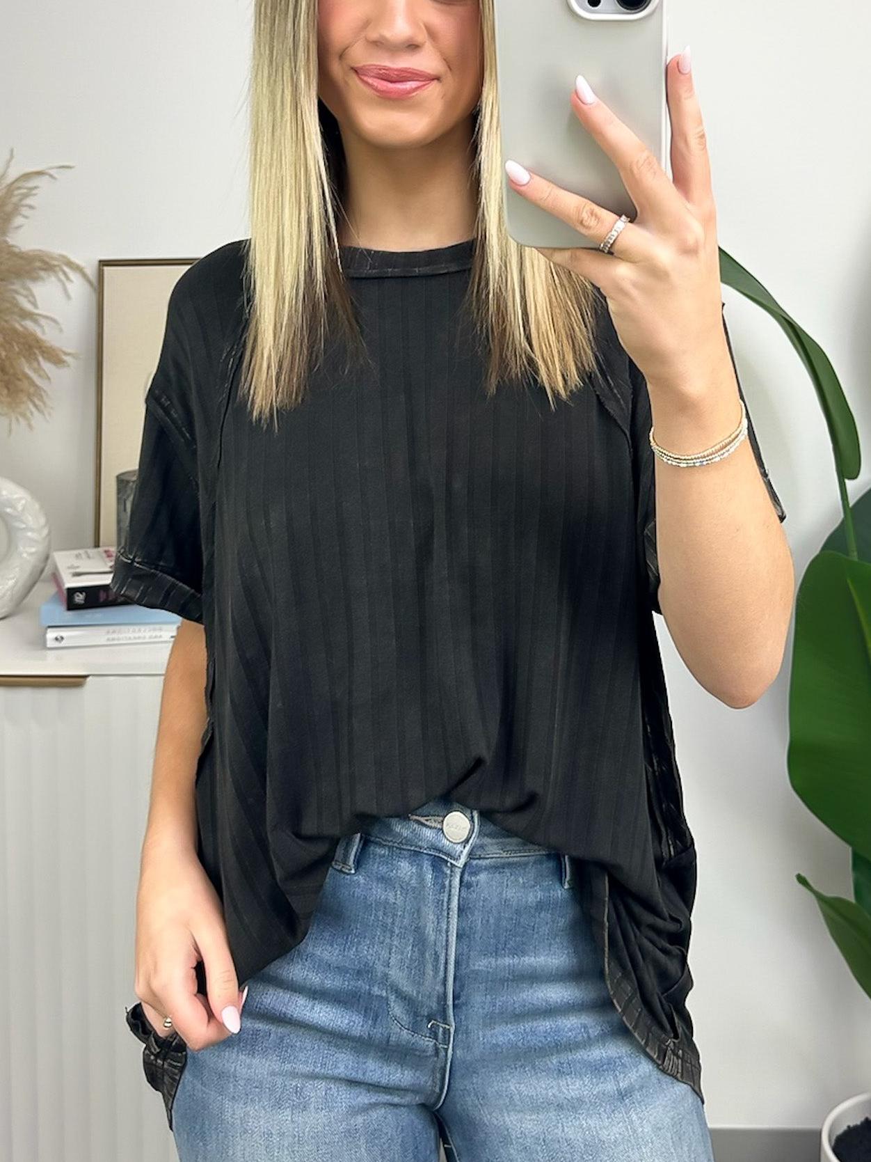 Damen-Slouchy-Geripptes-Mineral-Wash-T-Shirt (2 kaufen, kostenloser Versand)