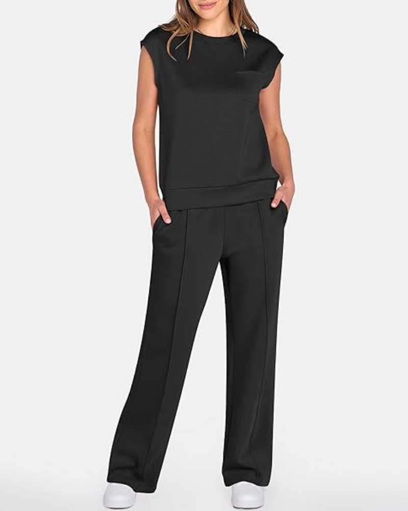 Women's Solid Tank Top & Drawstring Waist Wide Leg Pants Two-piece Set