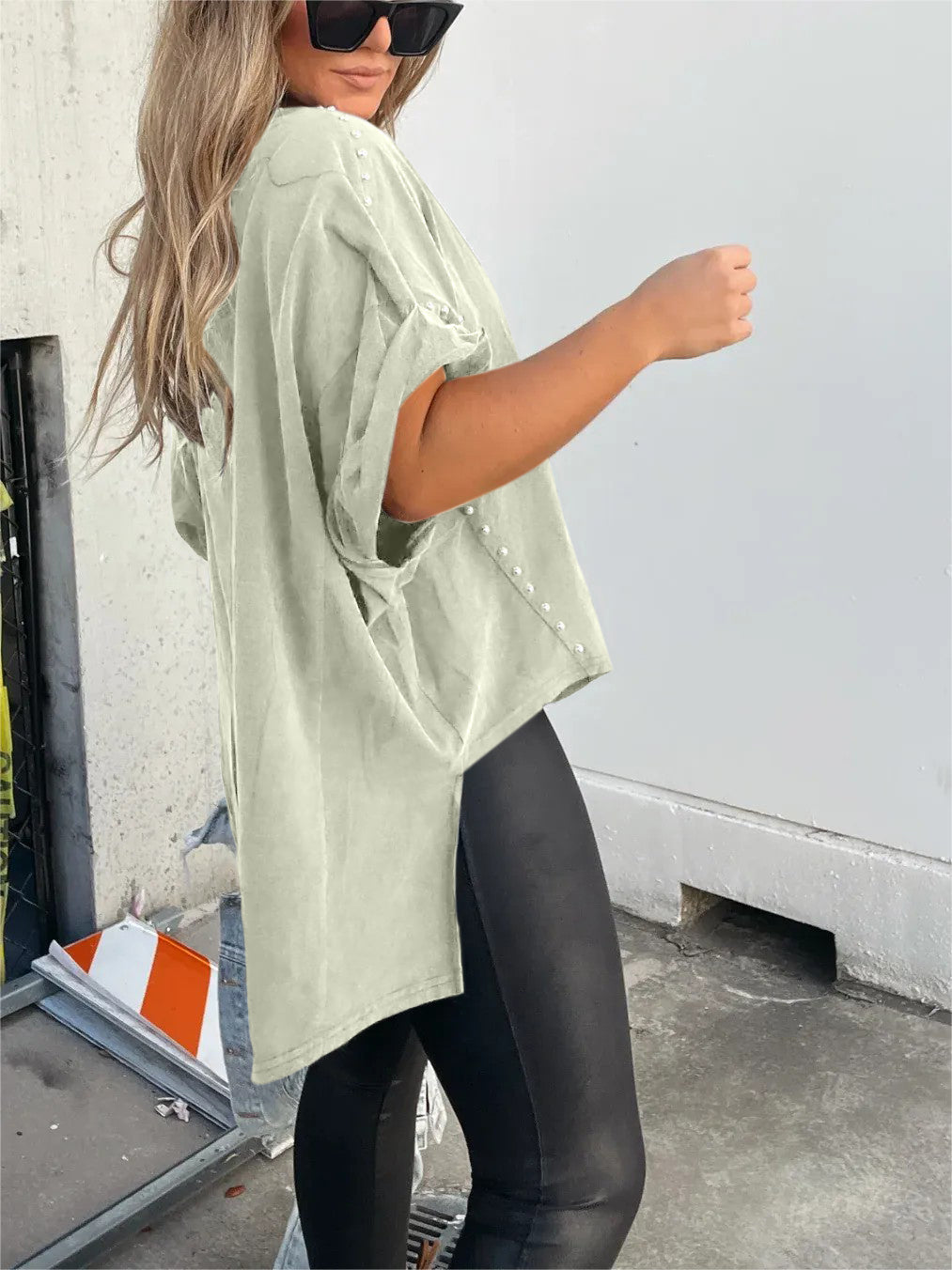 Washed Roll Sleeve Studded Oversized Short Sleeve Top  (Buy 2 Free Shipping)