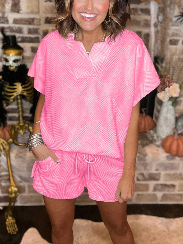 New Textured Collared Top and Short Set (Buy 2 Free Shipping)