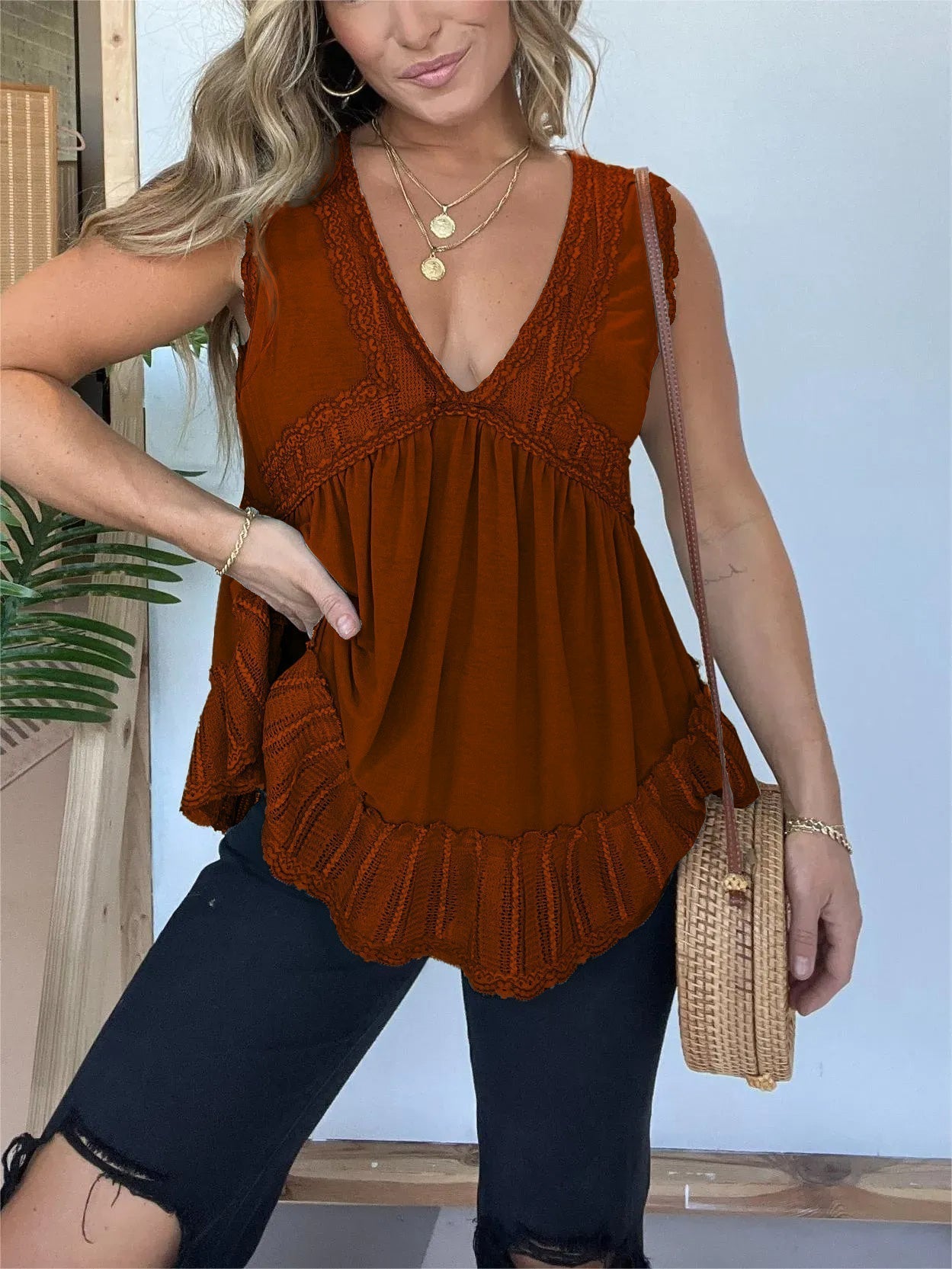 New V-neckline Sleeveless Flow Top with Lace Trim (Buy 2 Free Shipping)