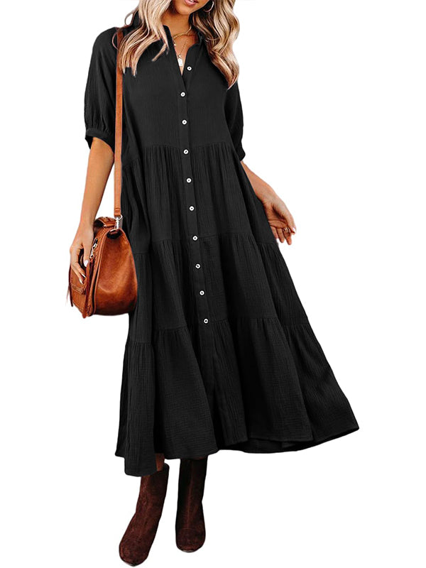 Damen Midi-Kleid mit durchgehender Knopfleiste, Stufenvolants, fließend und Taschen (2 kaufen, kostenloser Versand)