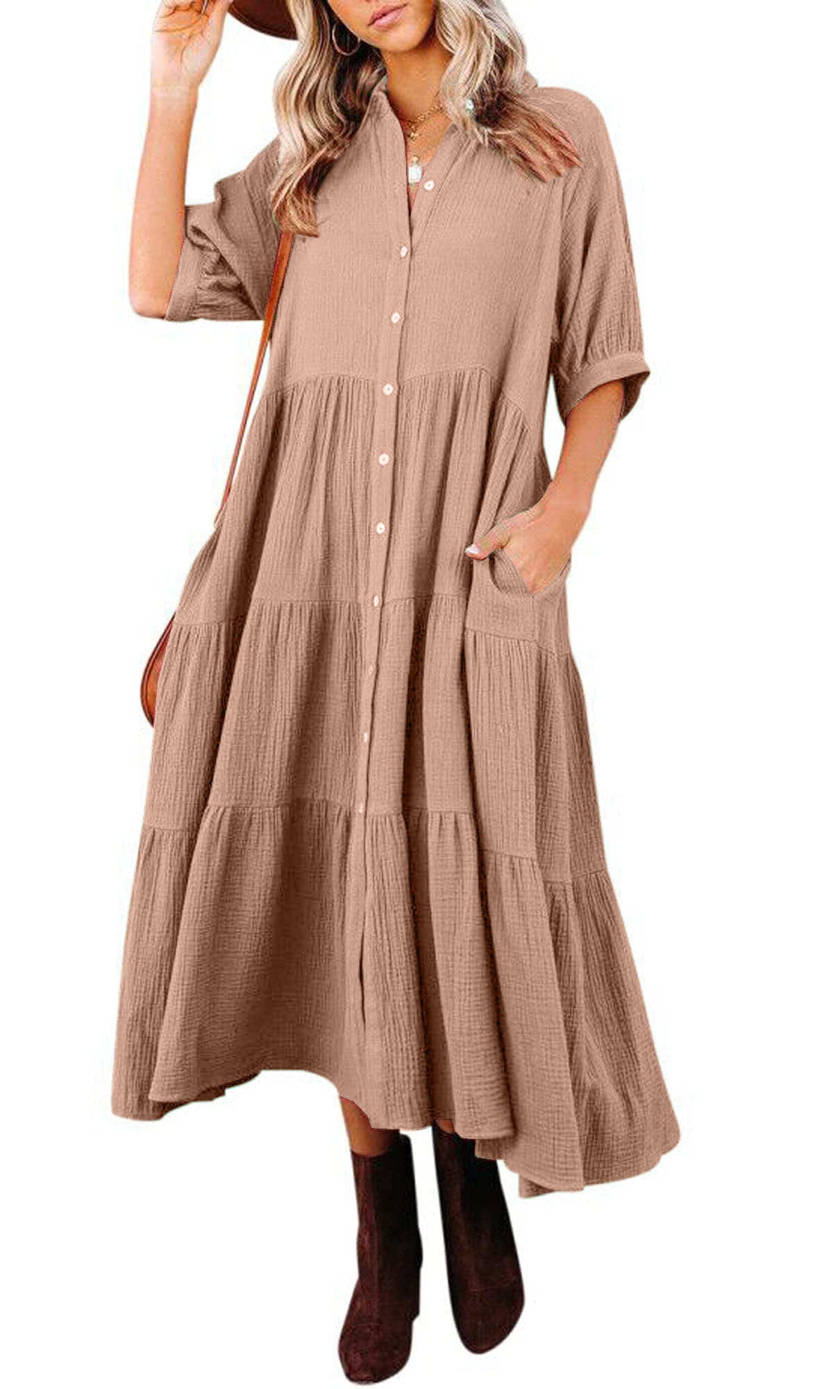 Damen Midi-Kleid mit durchgehender Knopfleiste, Stufenvolants, fließend und Taschen (2 kaufen, kostenloser Versand)