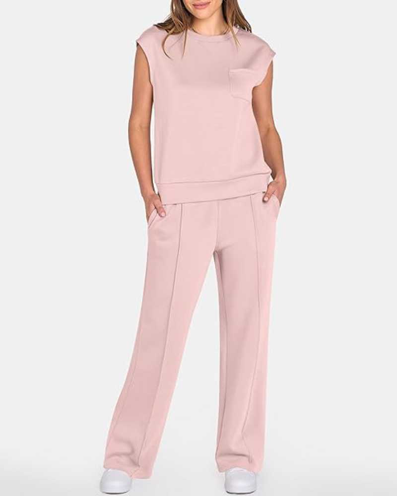 Women's Solid Tank Top & Drawstring Waist Wide Leg Pants Two-piece Set
