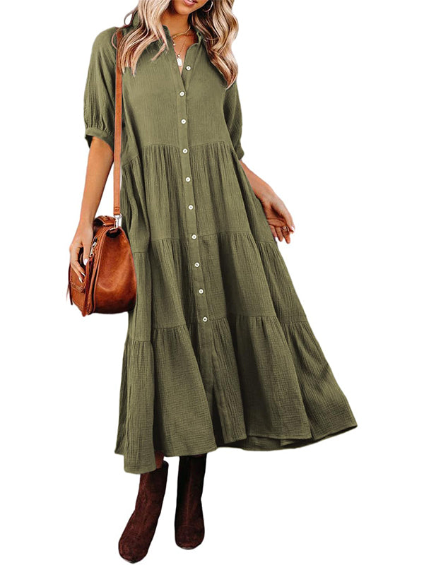 Damen Midi-Kleid mit durchgehender Knopfleiste, Stufenvolants, fließend und Taschen (2 kaufen, kostenloser Versand)