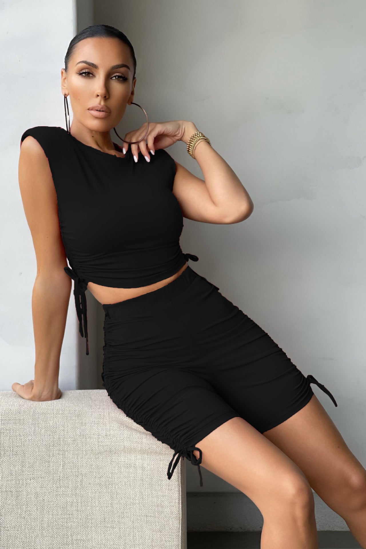 Women's Pure Color Pleated Sports Casual shorts Two-Piece Set