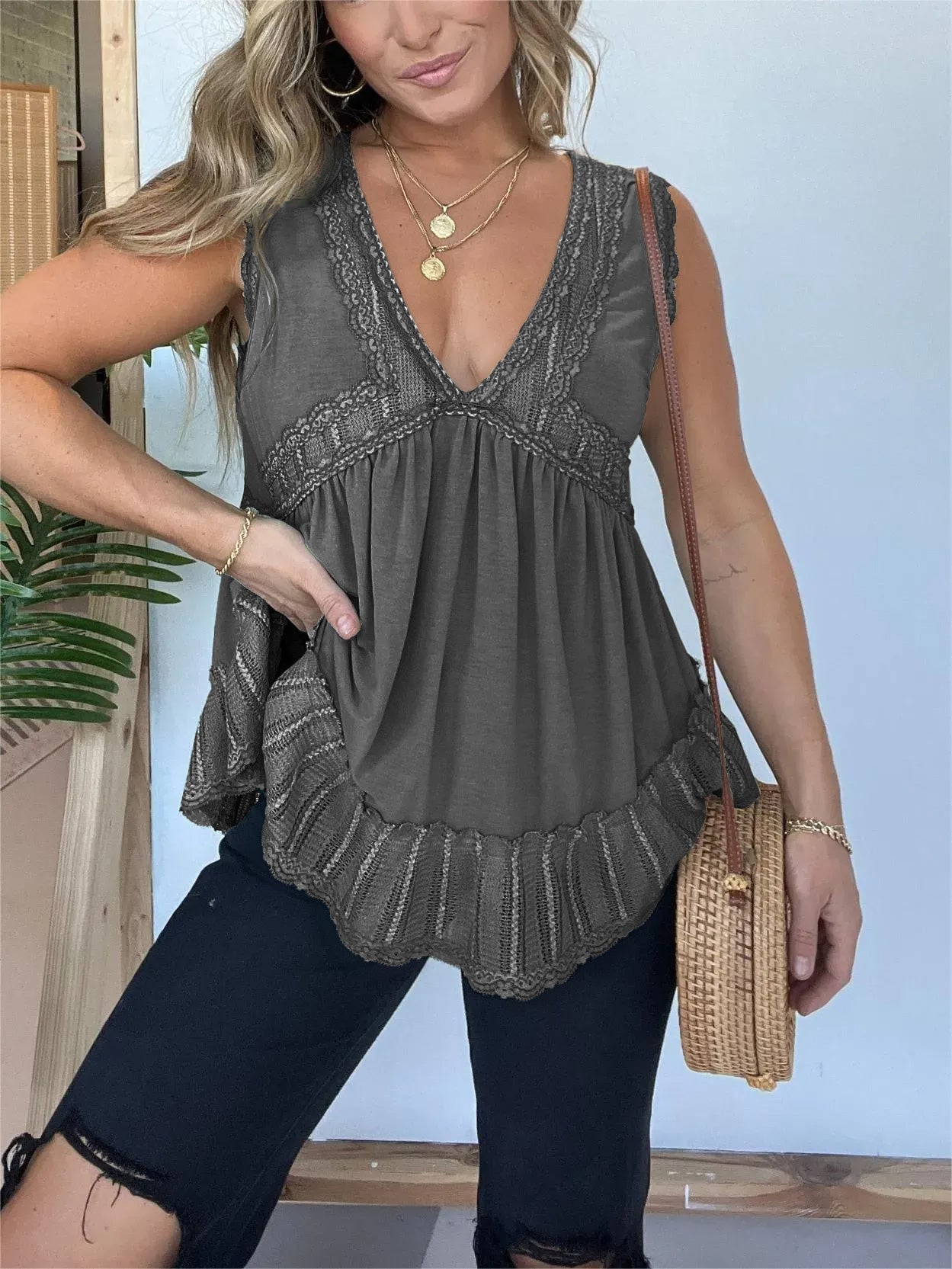 New V-neckline Sleeveless Flow Top with Lace Trim (Buy 2 Free Shipping)