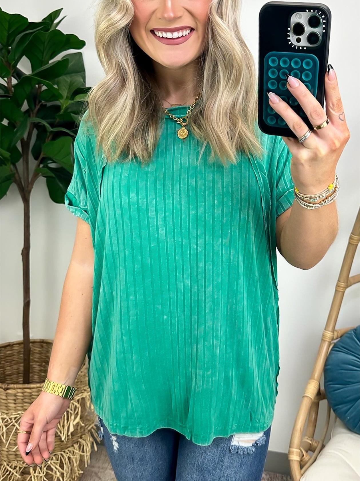 Damen-Slouchy-Geripptes-Mineral-Wash-T-Shirt (2 kaufen, kostenloser Versand)