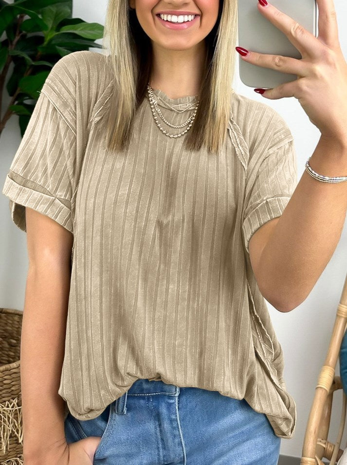 Damen-Slouchy-Geripptes-Mineral-Wash-T-Shirt (2 kaufen, kostenloser Versand)