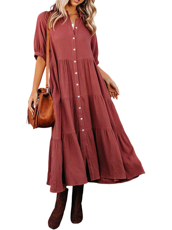 Damen Midi-Kleid mit durchgehender Knopfleiste, Stufenvolants, fließend und Taschen (2 kaufen, kostenloser Versand)