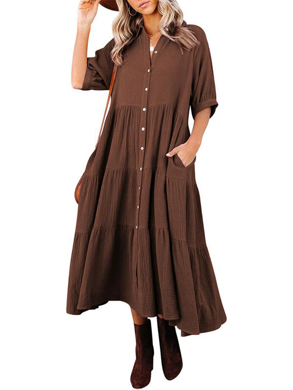 Damen Midi-Kleid mit durchgehender Knopfleiste, Stufenvolants, fließend und Taschen (2 kaufen, kostenloser Versand)