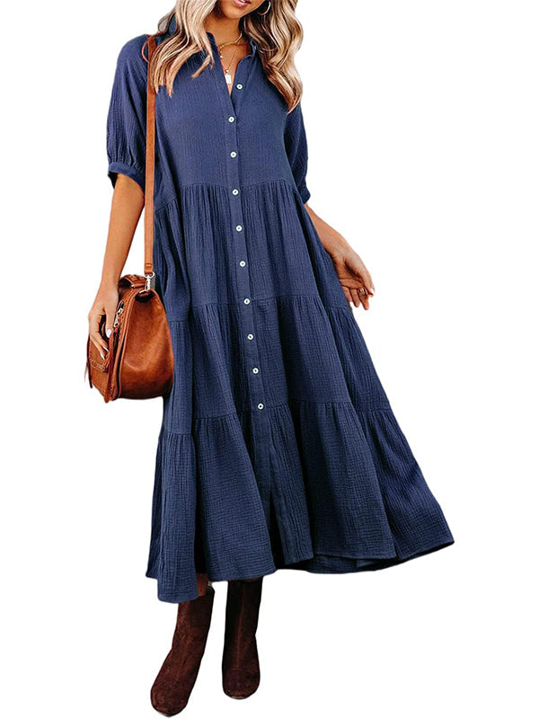 Damen Midi-Kleid mit durchgehender Knopfleiste, Stufenvolants, fließend und Taschen (2 kaufen, kostenloser Versand)