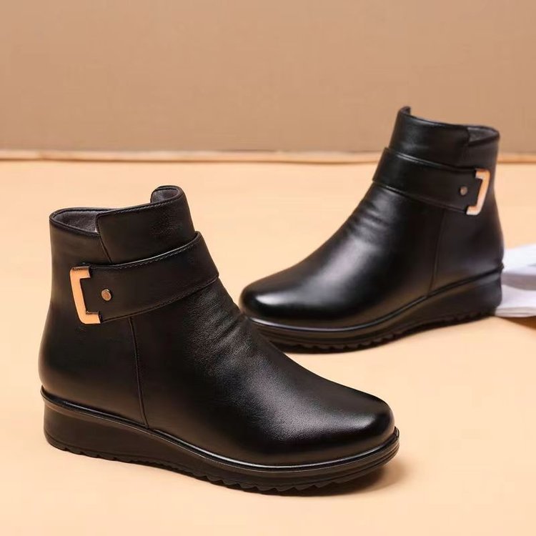 Women's Metal Buckle Leather Waterproof Boots