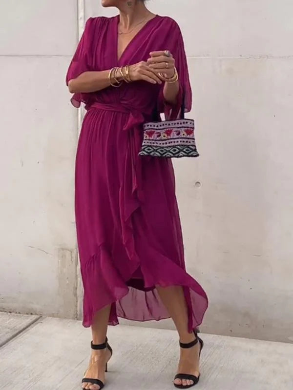 Elegant V-Neck Chiffon Dress – Flowy Summer & Occasion Wear