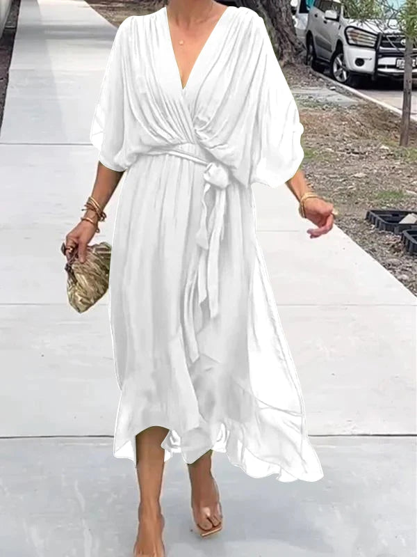 Elegant V-Neck Chiffon Dress – Flowy Summer & Occasion Wear