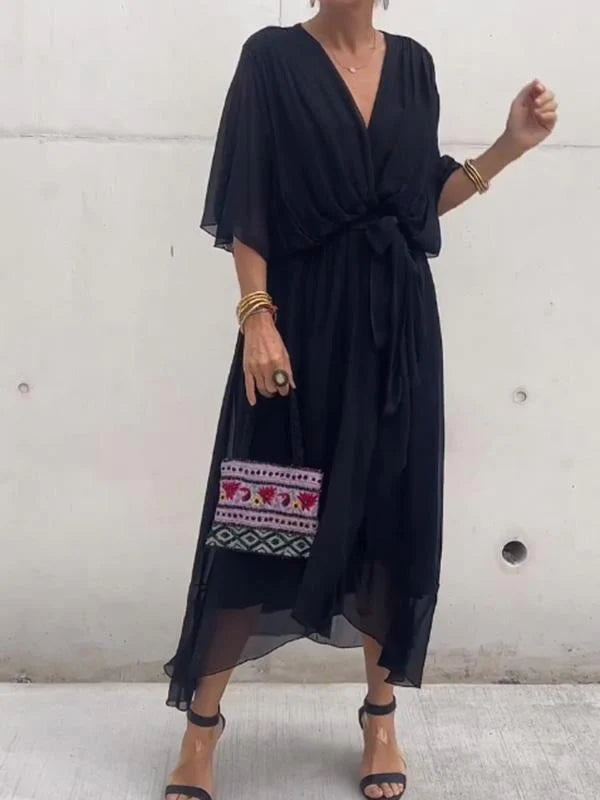 Elegant V-Neck Chiffon Dress – Flowy Summer & Occasion Wear