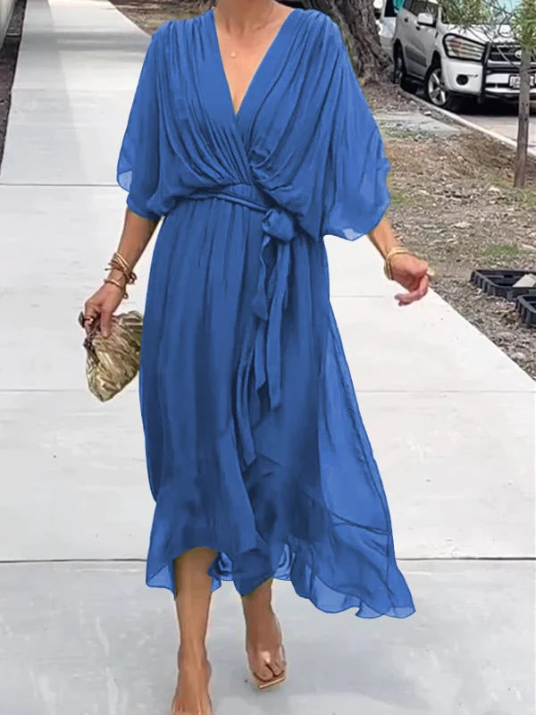 Elegant V-Neck Chiffon Dress – Flowy Summer & Occasion Wear