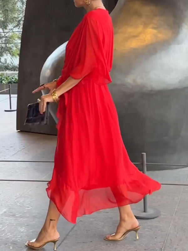 Elegant V-Neck Chiffon Dress – Flowy Summer & Occasion Wear