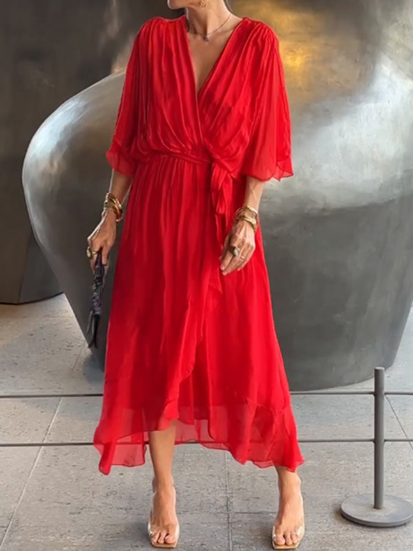 Elegant V-Neck Chiffon Dress – Flowy Summer & Occasion Wear