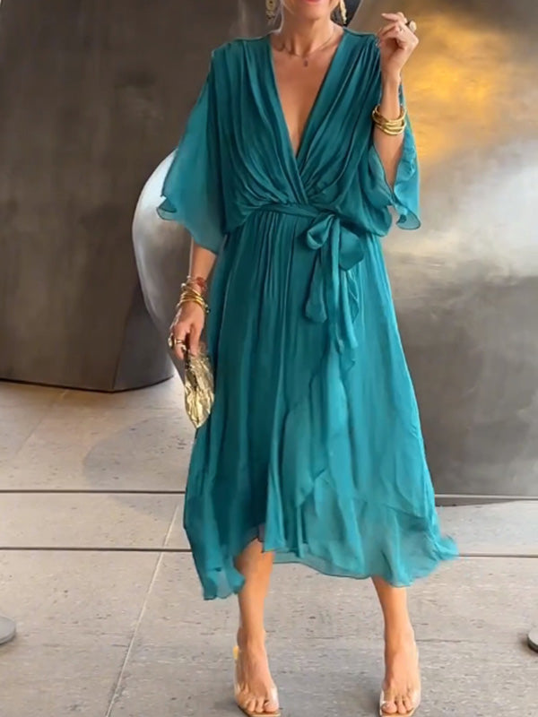 Elegant V-Neck Chiffon Dress – Flowy Summer & Occasion Wear