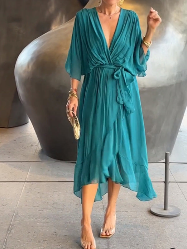 Elegant V-Neck Chiffon Dress – Flowy Summer & Occasion Wear