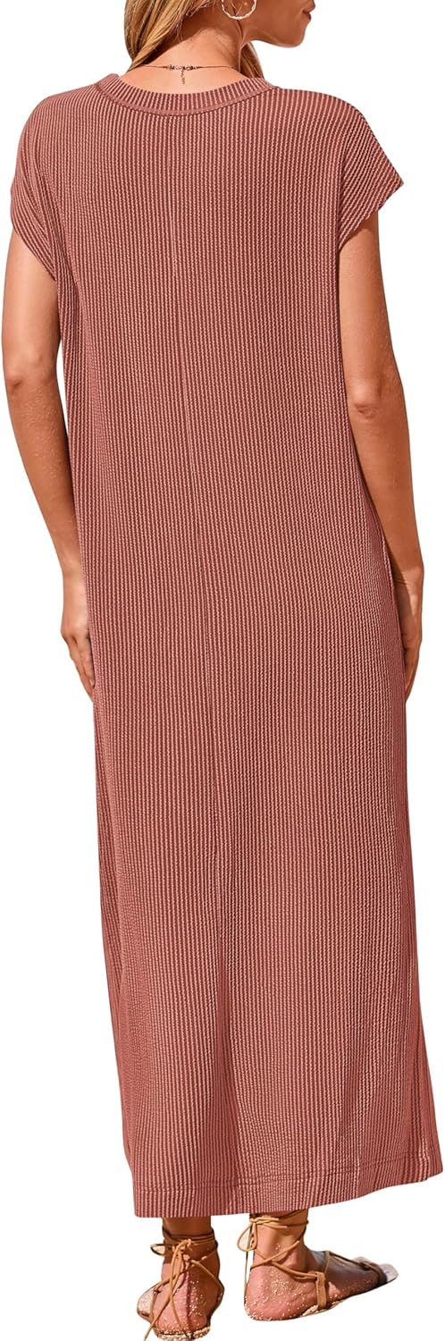 Geripptes Henley-Maxikleid mit Knopfleiste für Damen (2 kaufen, kostenloser Versand)