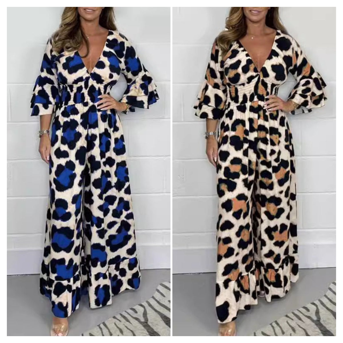 Leopard print V-neck jumpsuit