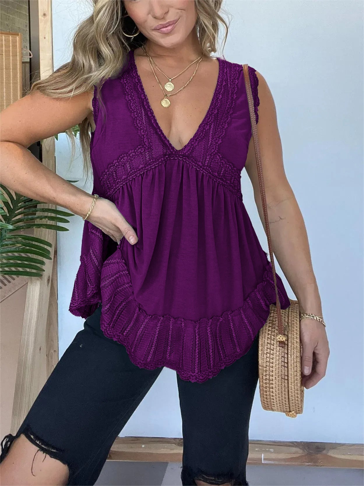 New V-neckline Sleeveless Flow Top with Lace Trim (Buy 2 Free Shipping)