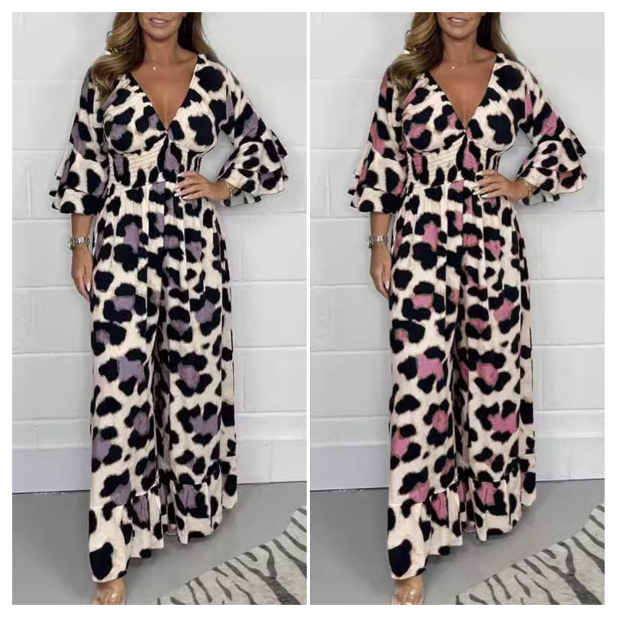 Leopard print V-neck jumpsuit