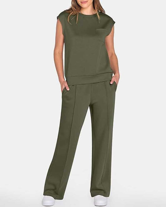 Women's Solid Tank Top & Drawstring Waist Wide Leg Pants Two-piece Set