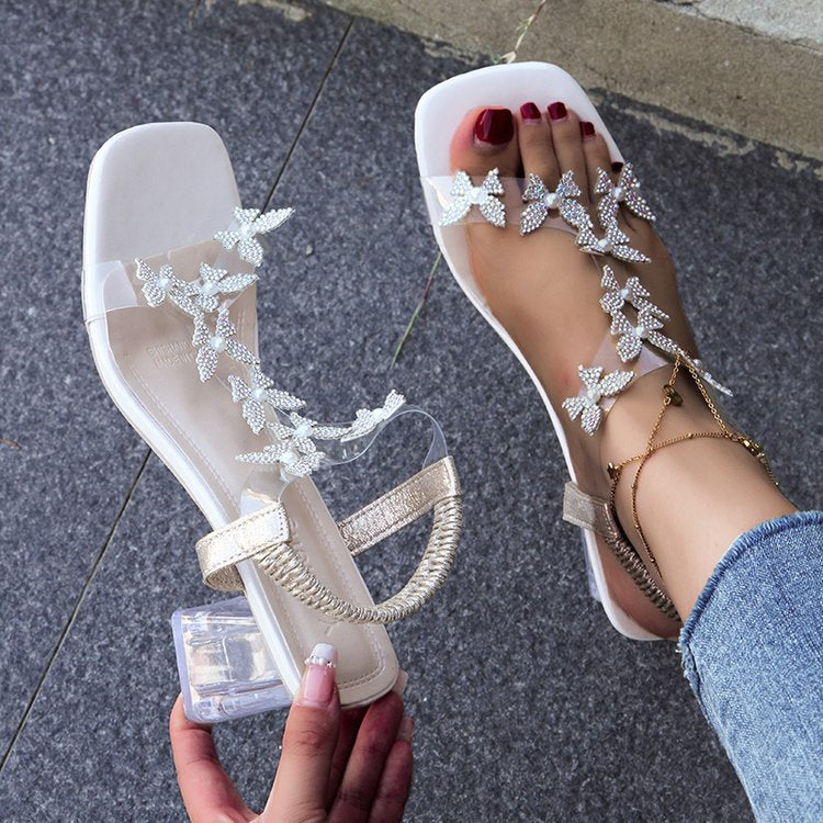 Women's Butterfly  Rhinestone Block Heel Sandals