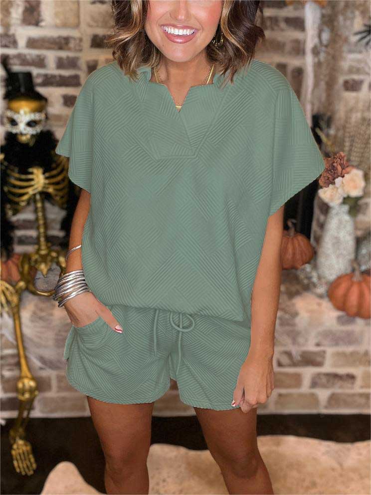 New Textured Collared Top and Short Set (Buy 2 Free Shipping)