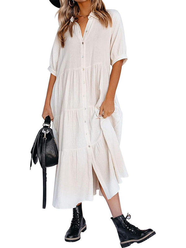 Damen Midi-Kleid mit durchgehender Knopfleiste, Stufenvolants, fließend und Taschen (2 kaufen, kostenloser Versand)
