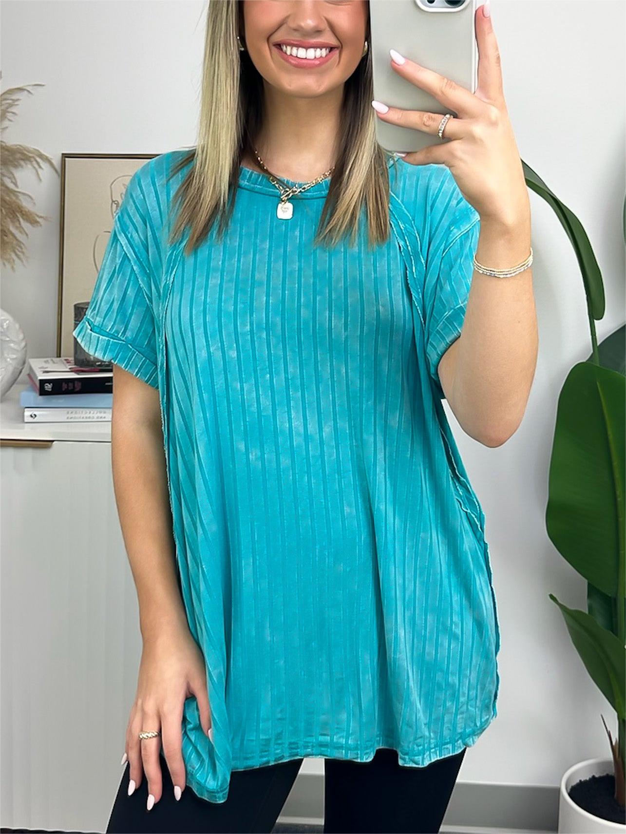Damen-Slouchy-Geripptes-Mineral-Wash-T-Shirt (2 kaufen, kostenloser Versand)