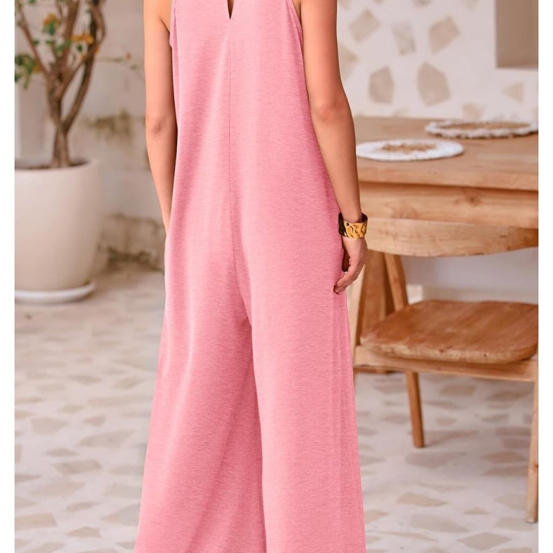 Damen Freizeit Overall Jumpsuit Ärmellos Tank V-Ausschnitt Weites Bein Locker Einteiler Strampler