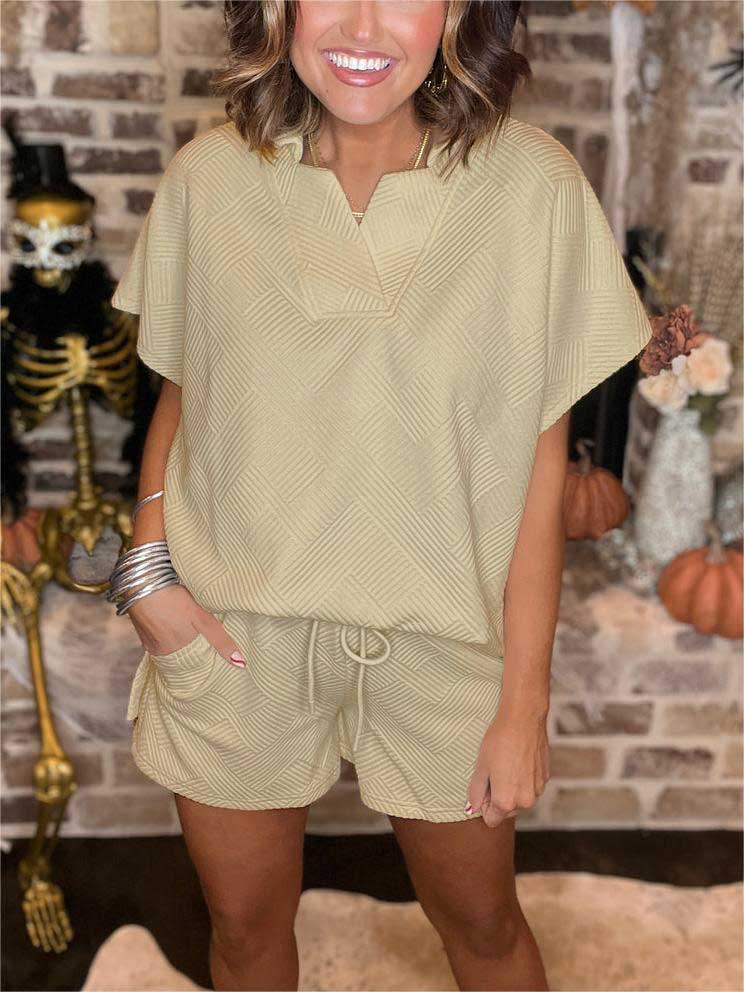 New Textured Collared Top and Short Set (Buy 2 Free Shipping)