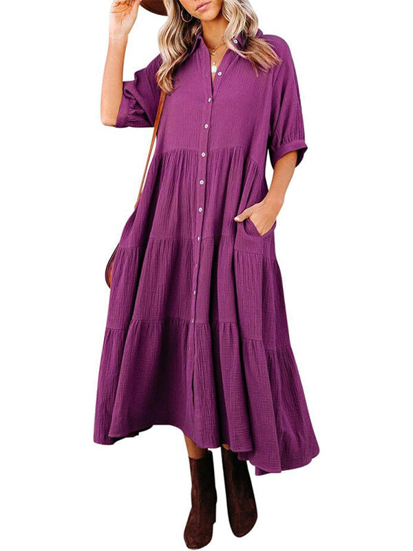 Damen Midi-Kleid mit durchgehender Knopfleiste, Stufenvolants, fließend und Taschen (2 kaufen, kostenloser Versand)