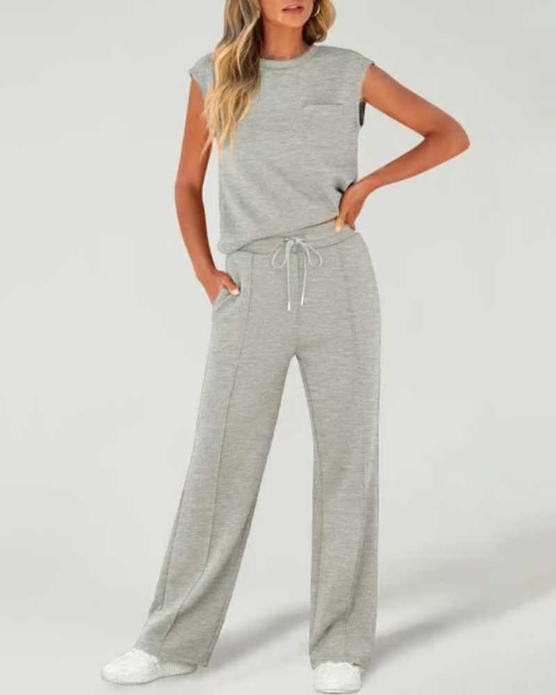 Women's Solid Tank Top & Drawstring Waist Wide Leg Pants Two-piece Set