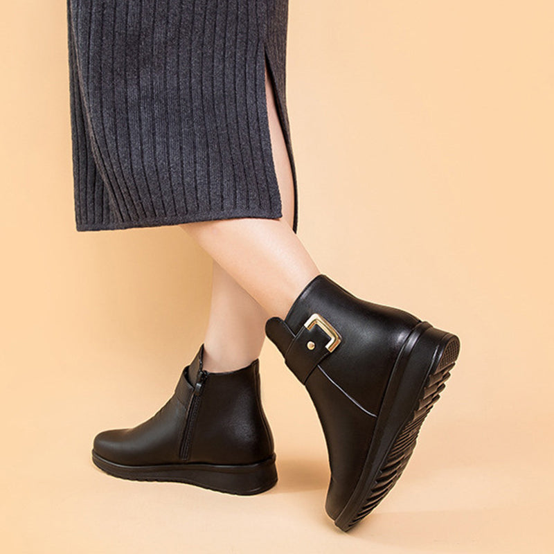 Women's Metal Buckle Leather Waterproof Boots