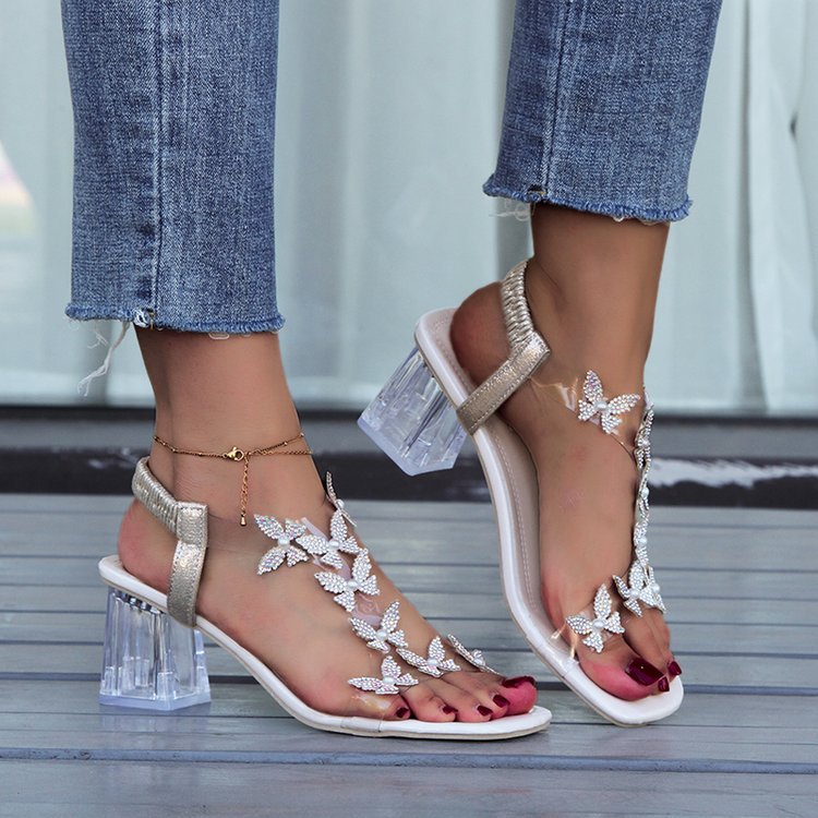 Women's Butterfly  Rhinestone Block Heel Sandals