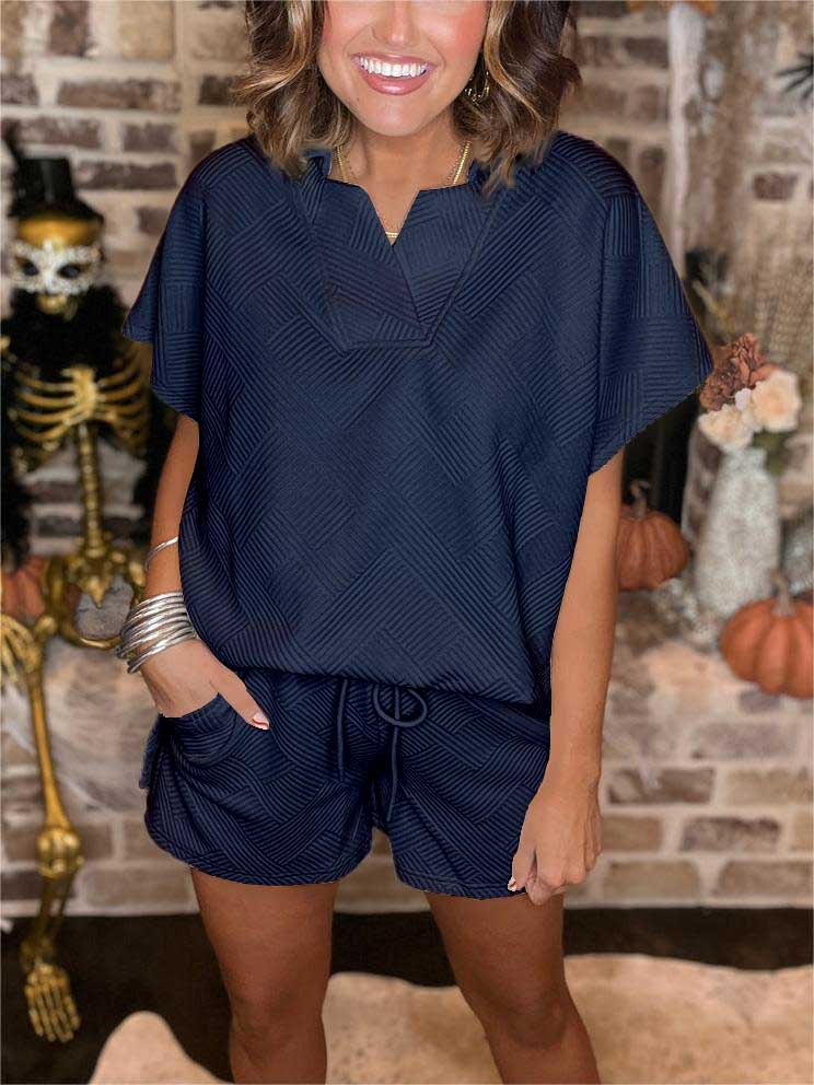 New Textured Collared Top and Short Set (Buy 2 Free Shipping)
