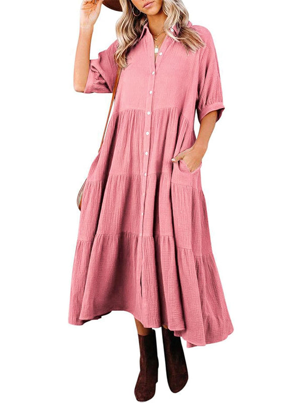 Damen Midi-Kleid mit durchgehender Knopfleiste, Stufenvolants, fließend und Taschen (2 kaufen, kostenloser Versand)
