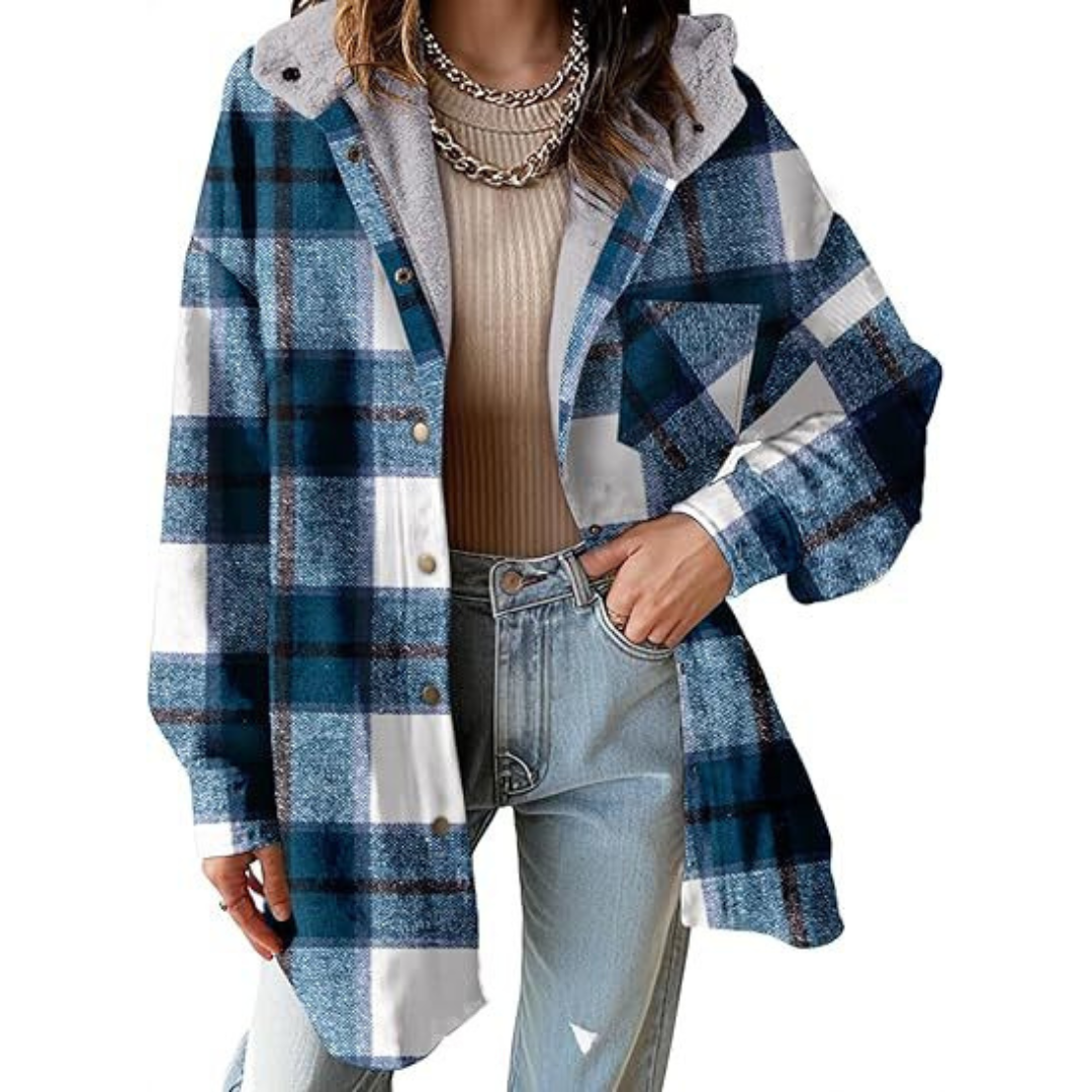 Women's Flannel Hooded Plaid Shacket Thick Coat Winter Coat for Warmth Button down Warm and Fuzzy Fleece Jacket