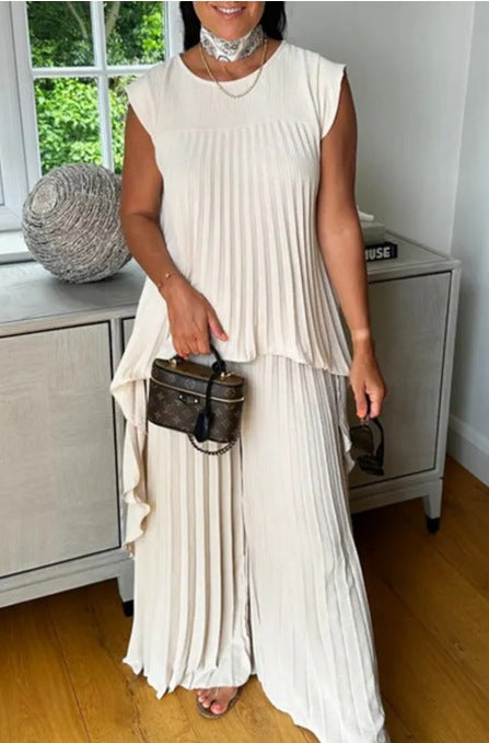 Pleated Two-Piece Set – High-Low Top & Wide-Leg Trousers Casual Outfit