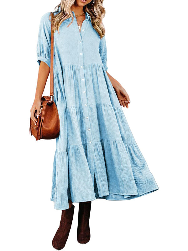 Damen Midi-Kleid mit durchgehender Knopfleiste, Stufenvolants, fließend und Taschen (2 kaufen, kostenloser Versand)
